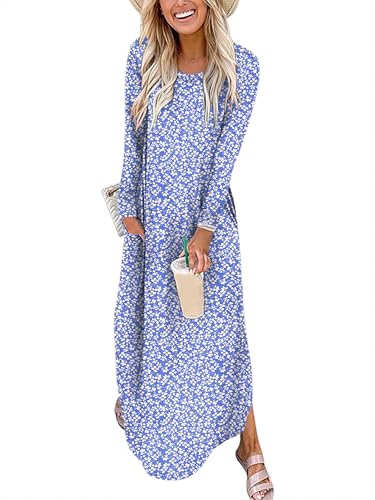 ANRABESS Women's Long Sleeve Fall Maxi T-Shirt Dress with Pockets - color: Floral Blue White, size: Medium