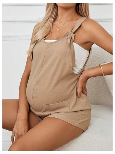 OYOANGLE Women's Maternity Romper Tie Knot Wide Strap Summer Overall - color: Khaki, size: X-Small