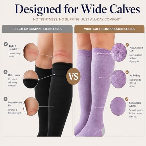 LEVSOX Bamboo Viscose Compression Socks Wide Calf 15-20 mmHg with Cushioned - color: Purple Grey, size: Large