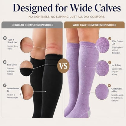 LEVSOX Bamboo Viscose Compression Socks Wide Calf 15-20 mmHg with Cushioned - color: Purple Grey, size: Large