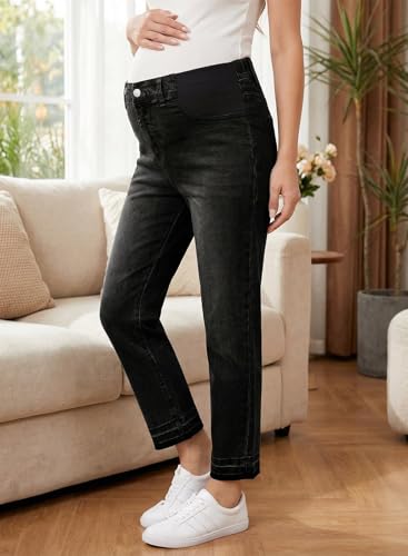 BLENCOT Women Maternity Pants High Waisted Straight Leg Ankle Jeans - color: Black, size: Medium