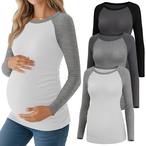 Neer 3 Pack Maternity Long Sleeve Shirts Ribbed Pregnancy Tops - color: Dark Gray, Light Heather Gray, White, size: Medium