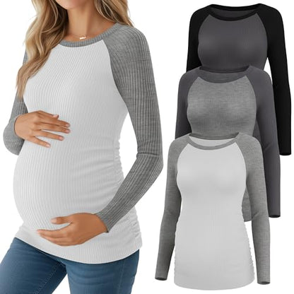 Neer 3 Pack Maternity Long Sleeve Shirts Ribbed Pregnancy Tops - color: Dark Gray, Light Heather Gray, White, size: Medium
