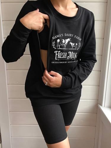 Women Hidden Zipper Nursing Sweatshirts Farm Fresh Mama's Milk Pullover Top - color: Black, size: X-Large