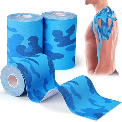 Wide Kinesiology Tape, 3 Pack, 4in x 5.5yd, Waterproof Blue Camo - color: Blue Camo - 4in