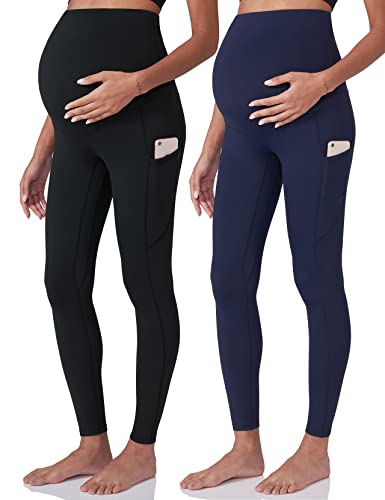 POSHDIVAH Maternity Workout Leggings Pregnancy Yoga Pants Pockets - color: 2pcs Black Navy, size: Medium