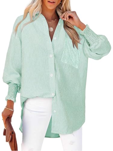 Womens Striped Oversized Button Down Shirts Long Sleeve Blouse Top - color: 1-green Striped, size: Small