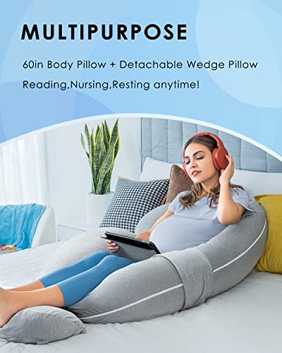 QUEEN ROSE Cooling E Shaped Pregnancy Pillows, Detachable Maternity Body Pillow for Sleeping, Grey - color: Grey