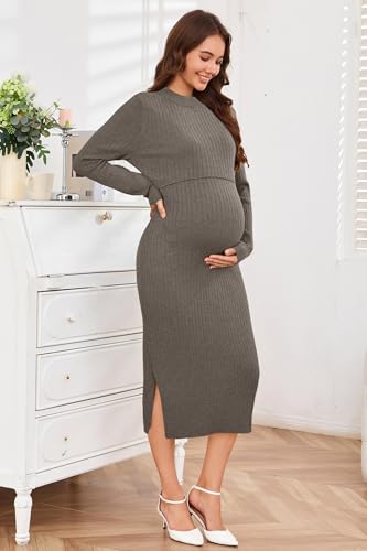 OUGES Women's Wool Blend Sweater Nursing Ribbed Fall Maternity Dress - color: Coffee, size: Large