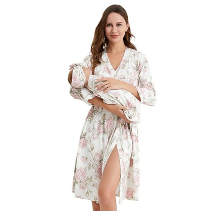 Galabloomer Maternity Robe and Receiving Blanket, Matching Mommy Labor Robe - color: Off-white, size: Small