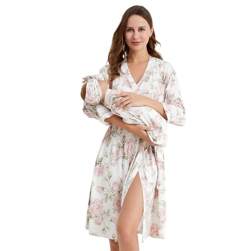Galabloomer Maternity Robe and Receiving Blanket, Matching Mommy Labor Robe - color: Off-white, size: Medium