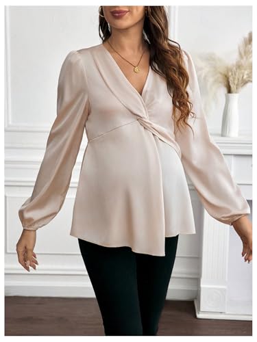 MakeMeChic Women's Maternity Shirts Blouse Satin Work Clothes Babydoll Tops - color: Apricot, size: X-Large