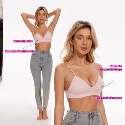 Seamless Bra for Women Low Back Bralette Wirefree Spaghetti Bra with Padded Removeable - color: Sheerpink, size: Large