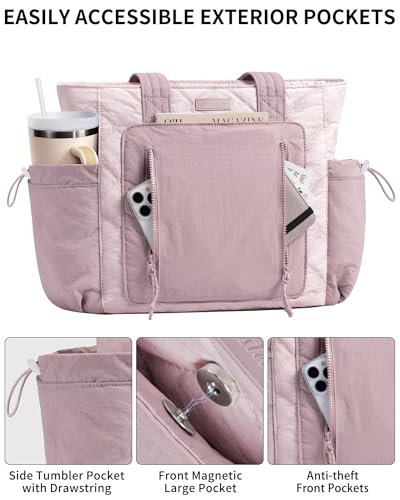 Bagstellar Puffer Tote Bag for Women, Lightweight Puffy Work Laptop Handbag - color: Pink