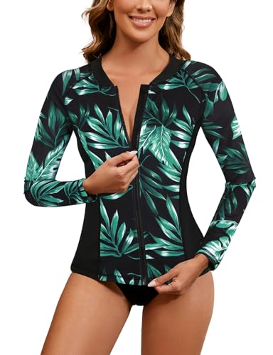 LURANEE Women's Zip Up Rash Guards for Women UPF50+ Long Sleeve Swimsuit - color: Green Leaf, size: Medium