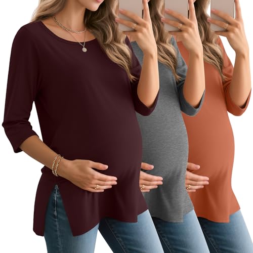 3 Pack Women's 3/4 Sleeve Maternity Loose Crewneck Tops - color: Burgundy, Mixed Gray, Pumpkin, size: Small
