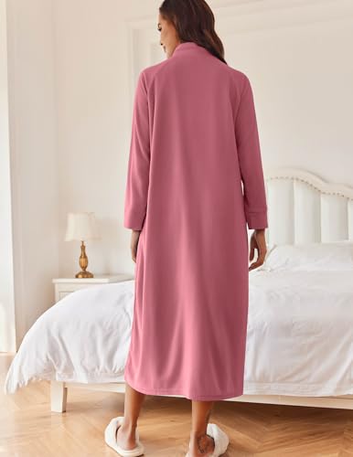 Ekouaer Women Zipper Robe Long Sleeves House Coat Soft Bathrobe Housecoat - color: Pale Violet Red, size: Medium