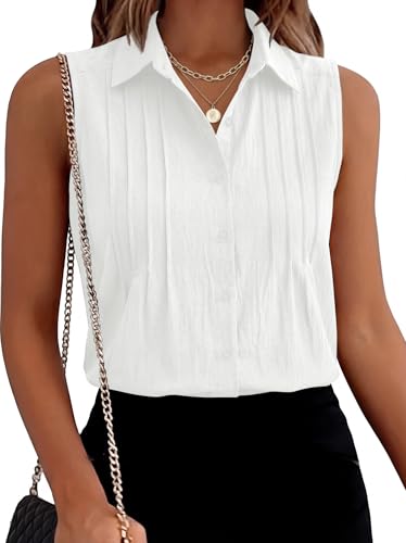 LOMON Women’s Summer Sleeveless Button Down Shirt Office Collared Blouses with Pleated Front Casual Basic Tank Tops - color: White（cotton）, size: X-Large