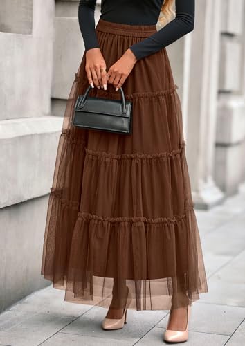 PRETTYGARDEN Women's Fall Soft Tulle Tiered Long Skirt - color: Brown, size: Medium