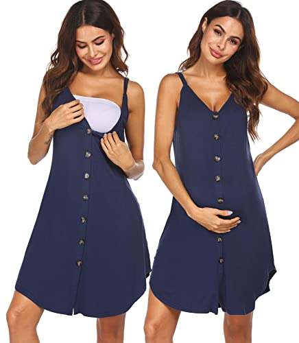 Ekouaer Women 3 in 1 Labor and Delivery/Maternity/Nursing Nightgown Button Down Sleeveless Pregnancy Dress for Breastfeeding - color: Navy Blue, size: Small