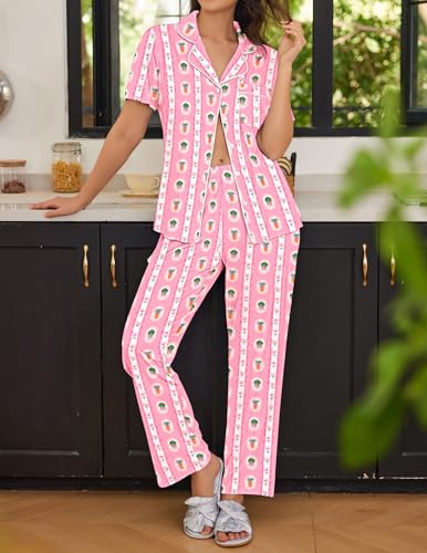 Ekouaer Womens Pajamas Set Short Sleeve Button Down Top & Pants Lounge Pjs - color: Carrot, size: Medium