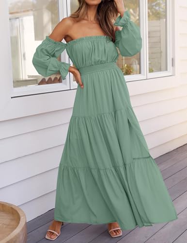 ZESICA Womens Fall Long Sleeve Boho Off Shoulder Maxi Dresses - color: Green, size: X-Small