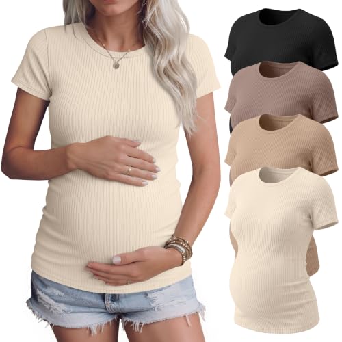 4 Pack Womens Maternity Shirts Work Tees - color: Apricot, Khaki, Coffee, Black, size: X-Large