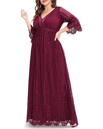 Plus Size Wedding Dresses Boho Lace Formal Bohemian Fall Long Dress - color: Burgundy, size: 28 Plus