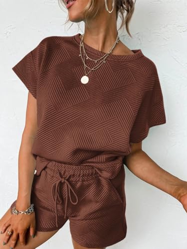 Tankaneo Womens Short Sets 2 Piece Outfits Summer Matching Lounge Set - color: Coffee, size: Small