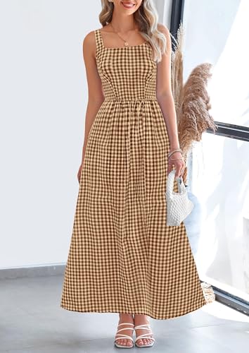 PRETTYGARDEN Women's Summer Gingham Maxi Long Dress - color: Coffee, size: Large