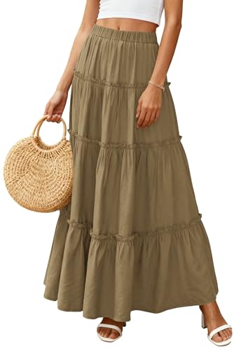 PRETTYGARDEN Women's Boho Tiered Ruffle Flowy Maxi Skirt - color: Army Green, size: X-Large