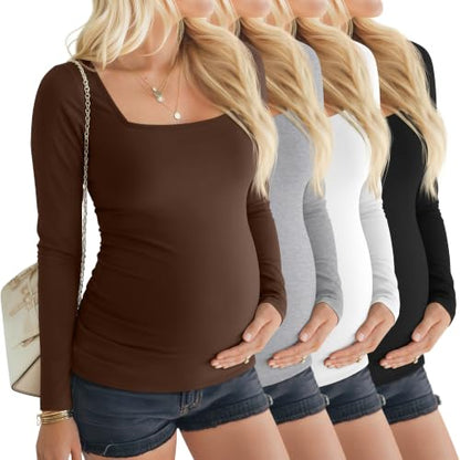 4 Pcs Womens Maternity Long Sleeve Square Neck Shirts - color: Brown, Light Mixed Gray, White, Black, size: Small