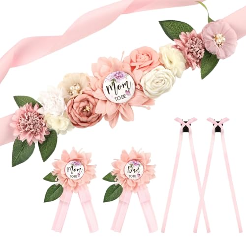 5 Pcs Pink Baby Shower Sash and Pin Set, Floral Maternity Belly Sash