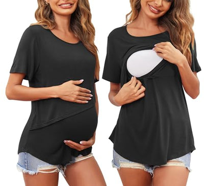 Women's Maternity Nursing Tops Soft Breastfeeding Shirts Pregnancy Tees - color: Black, size: Small