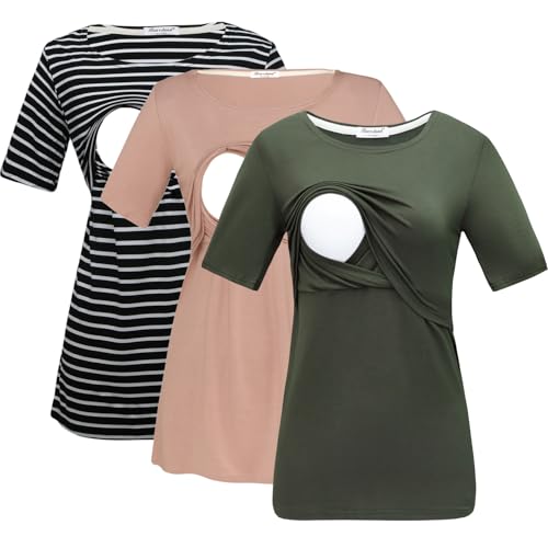 Bearsland Women's 3 Packs Maternity Nursing Tops Short Sleeve Breastfeeding Shirts - color: Blkwitstripe+green+brown(3pcs), size: Medium