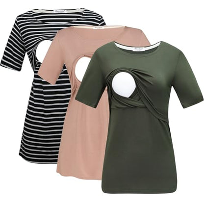 Bearsland Women's 3 Packs Maternity Nursing Tops Short Sleeve Breastfeeding Shirts - color: Blkwitstripe+green+brown(3pcs), size: Medium