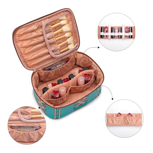 Wrangler Travel Makeup Bag 2pcs Set Cosmetic Bag with Makeup Brush Holder - color: Aztec-Turquoise