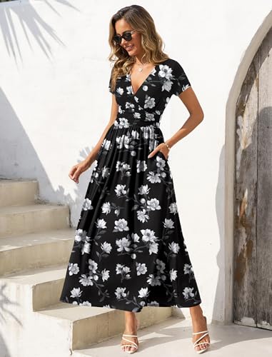 Gracyoga Women's Dresses 2026 Short Sleeve Wrap Maxi Dress with Pockets - color: Blackwhiteflower, size: Medium