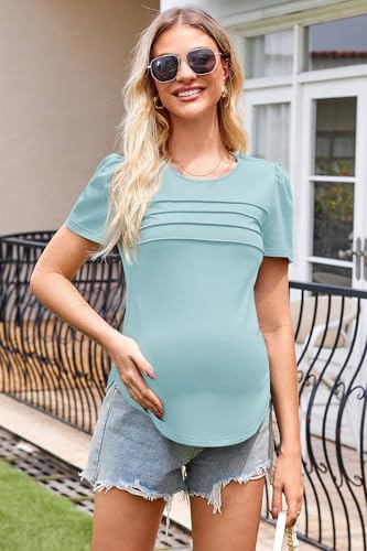 OUGES Womens 2026 Maternity Tops Shirts Pleated Short Sleeve Crew Neck Tunic Summer Casual Pregnancy Clothes - color: Grey Blue, size: Small