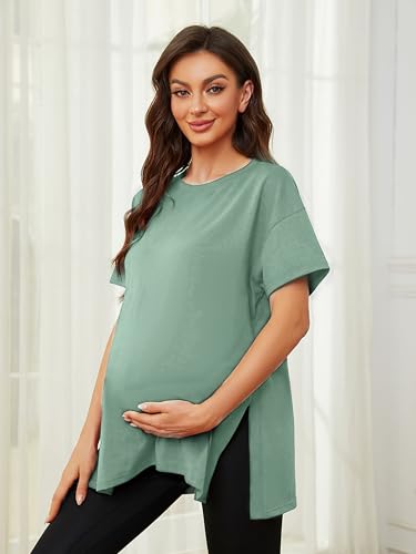 Ecavus Maternity Shirts Side Split Soft Cotton Loose Fit Pregnancy Tops - color: Green, size: Medium