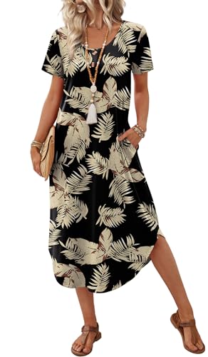 OFEEFAN Summer Dresses for Women 2026 Casual Midi Dresses Beach Vacation Outfits Tshirt Dress with Pockets Resort Wear - color: Floral Black Leaves, size: Large