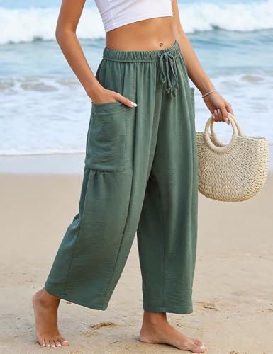 Flygo Women's Flowy Drawstring Wide Leg Pants with Side Pockets - color: Green, size: Small
