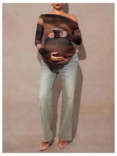 RoseSeek Women's Maternity Off The Shoulder Asymmetrical Tops Mesh Shirts - color: Brown, size: 3X-Large