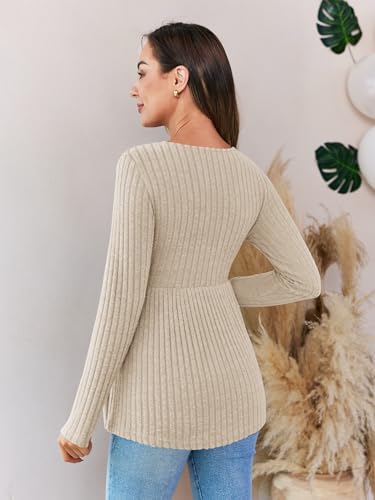 FMEYOA Women's Maternity Shirts Long Sleeve Pregnancy Tops - color: Beige, size: X-Large