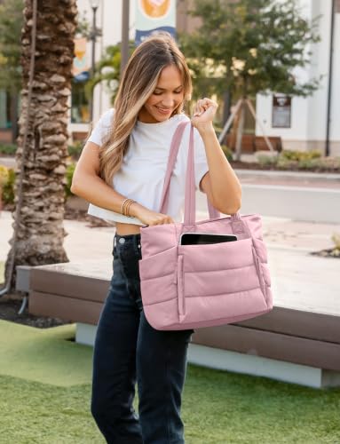 Uselike Tote Bag for Women with Zipper, Quilted Puffer Tote Bag with Compartments, Lightweight Puffy Work Bags for Women - color: Mauve Pink
