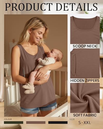Ficerd 3 Pack Women's Nursing Tank Tops - color: Black, Mocha, Army Green, size: Small