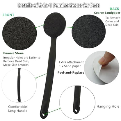 Double Sided Pumice Stone for Feet with Long Handle 13.7", Hard Skin Callus Remover, Foot Scrubber and Exfoliator Pedicure Tool with Sand Paper for Softer & Smoother Feet, Clear Black - color: Clear Black