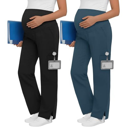 2 Pack Womens Maternity Pants Scrub with 6 Pockets - color: Black, Caribbean Blue, size: XX-Large