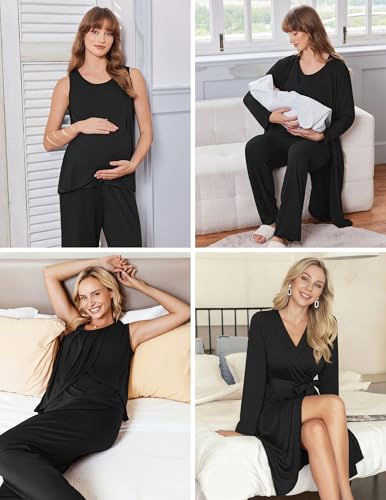 Ekouaer Maternity Pajamas Nursing Robe Set 3 Pieces Post Partum Lounge Sets - color: Black, size: Medium
