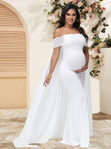 Maternity Mesh Off Shoulder Chiffon Cloak Maxi Photoshoot Dress - color: White, size: Small